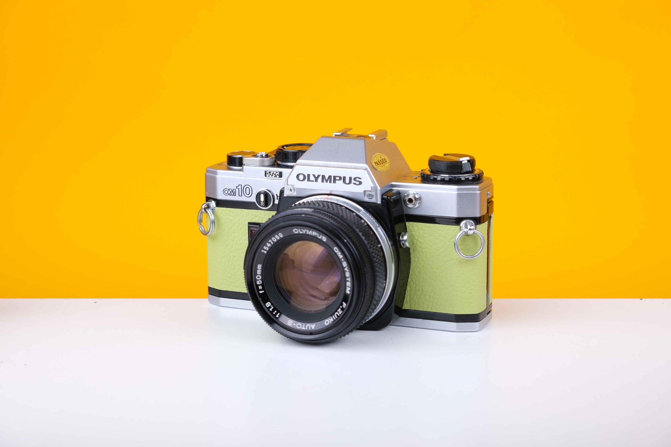 Olympus OM10 Slr Vintage 35mm Film Camera with Zuiko 50mm f1.8 Prime Lens Reconditioned With New Lime Leather Skin