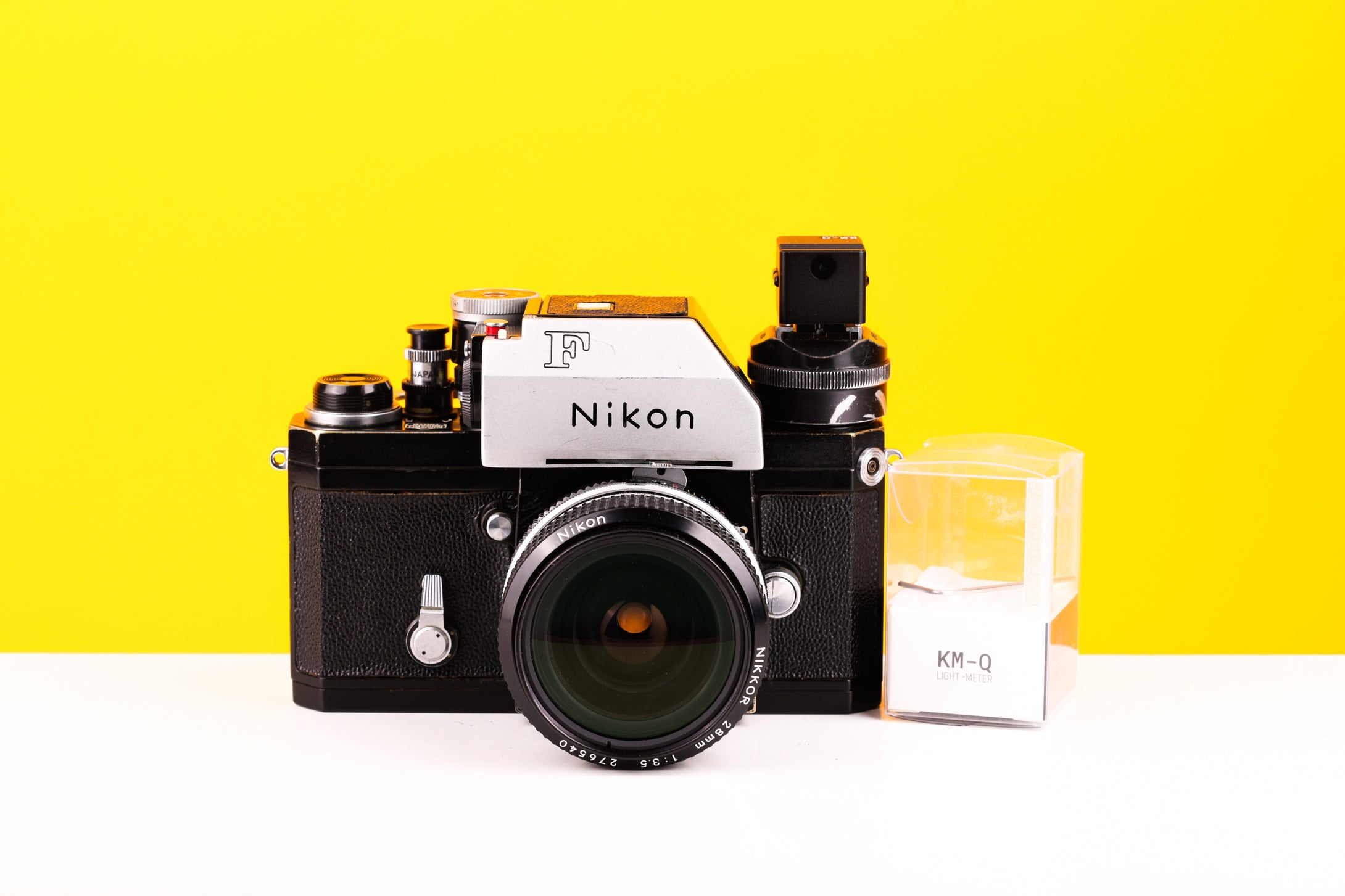 Nikon F Photomic 35mm SLR Film Camera with Nikon Nikkor 28mm f3.5 Lens and KM-Q Light Meter Attachment