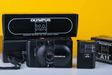 Load image into Gallery viewer, Olympus XA 35mm Rangefinder Film Camera with Olympus AX A11 Flash Boxed Set
