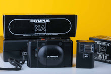 Load image into Gallery viewer, Olympus XA 35mm Rangefinder Film Camera with Olympus AX A11 Flash Boxed Set
